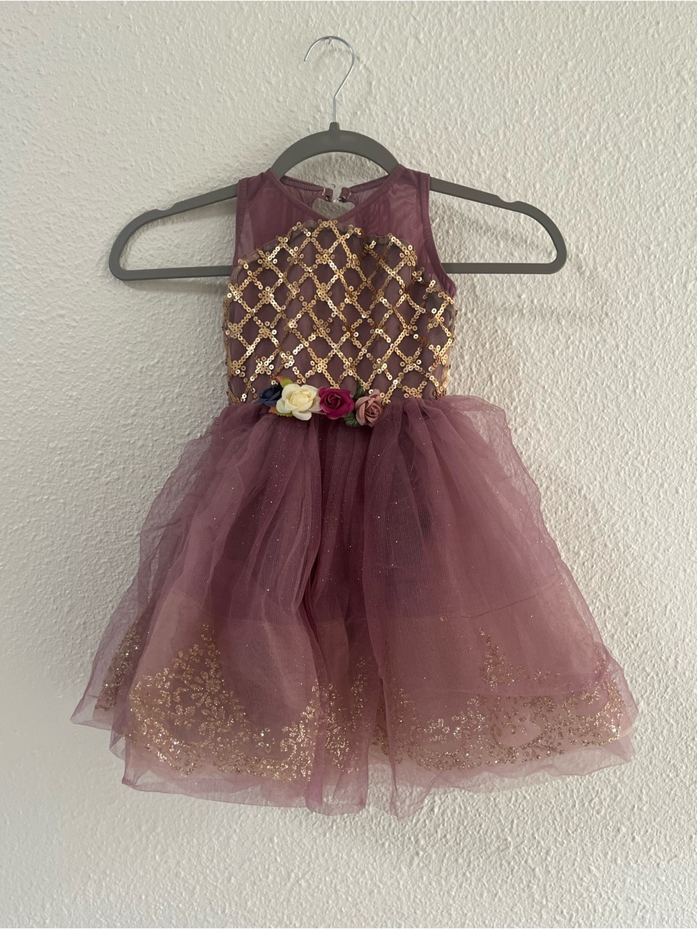 Girls Sparkle Tulle Party Dress in Dusty Mauve with Gold Accents